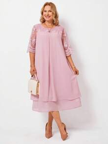 Miaspire Plus Size Women's Round Neck Mesh Splice Casual Daily Wear Spring Summer Ripe Elegant Mom Pink Dress