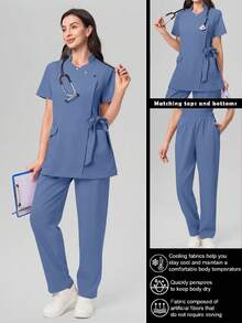 Scrubzie Anti-Wrinkle Short Sleeve Tie-Up Long Shirt And Long Pants Scrub Uniform Set - Blue - View 1