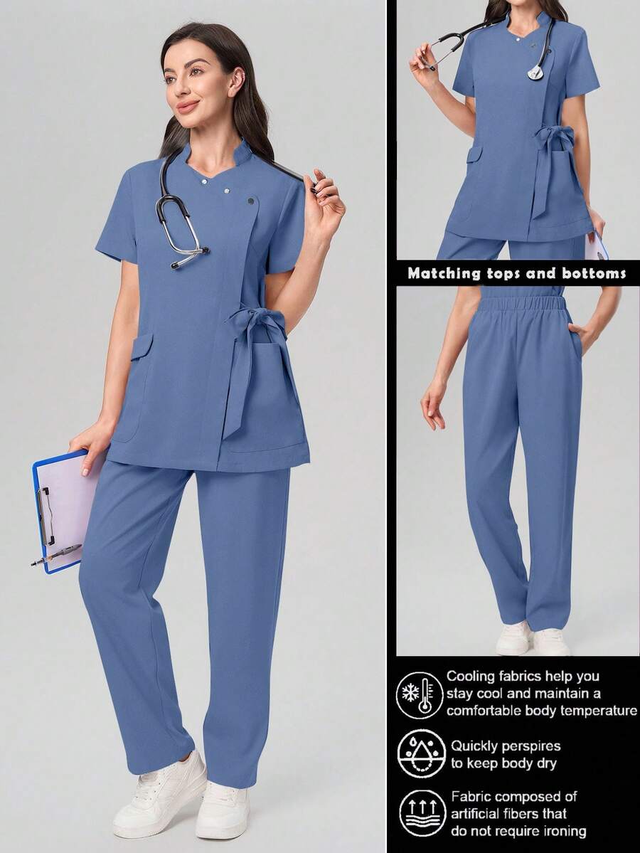Scrubzie Anti-Wrinkle Short Sleeve Tie-Up Long Shirt And Long Pants Scrub Uniform Set - Blue - View 1