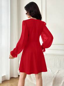 Elegante abito a maniche lunghe con collo rotondo, in maglia tinta unita rossa e patchwork in chiffon, adatto per casual, scuola, ritorno a scuola, occasioni di festa in autunno/inverno