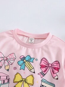 SHEIN 2Pcs/Set Young Girl Back To School Pencil And Bow Print Short Sleeve T-Shirt And Checkboard Pattern Shorts Set, Suitable For Summer Daily Wear - Baby Pink - View 6