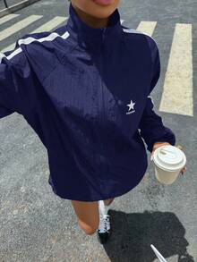 SHEIN Áo khoác thông thường màu đen cho bé gái mới trở lại trường màu khối tương phản màu sắc thường ngày - Màu xanh hải quân - Xem 3