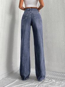 Cottnline Jeans droits amples et polyvalents à taille haute avec poches pour femmes - Bleu azur - Voir 2