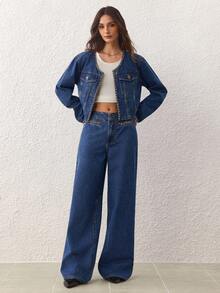 SHEIN Frenchy 女士高腰阔腿宽松休闲百搭牛仔裤 - 藍色 - 查看 6