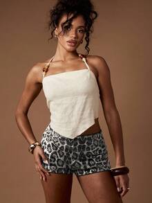 MISSGUIDED 亮片豹纹高腰热裤俱乐部派对节日短裤夏季俱乐部服装表演 - 深灰色 - 查看 5