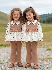 LMoss Kids LMoss 女婴爱心图案针织 Polo 领休闲 T 恤和打底裤两件套，秋季服装，秋季套装，女婴秋季服装，秋季套装，女婴冬季服装 - 彩色 - 查看 7