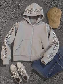 SHEIN Bolty Teen Boys' Grey Minimalist Oversized Handwritten Letter Floral Print Sweatshirt, Casual, Comfortable, Fashionable, Versatile, Soft Fabric, Suitable For Daily Wear, School, Outings, Outdoor Activities, Autumn/Winter Grey Zip Up Sweatshirt Teen Boys Zip Up Sweatshirt Urban Graphic Sweatshirt Grey Urban Sweatshirt Fall - Grey - View 2