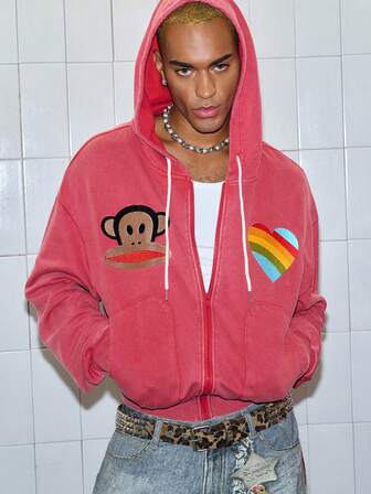 Paul Frank X ROMWE Sudadera con capucha casual de hombre con bordado de mono y corazón, con cordón, para otoño