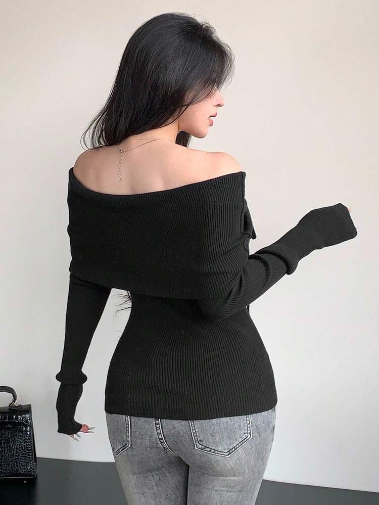 Women's Lace-Up Off Shoulder Fitted Long Sleeve Elegant Knit Sweater, Autumn/Winter