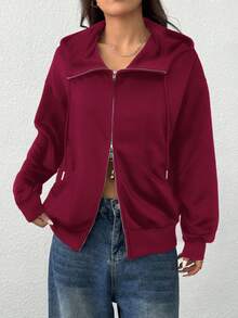 SHEIN EZwear 女士酒红色前拉链长袖连帽卫衣，简约休闲风，适合毕业典礼、返校、毕业典礼、女教师以及秋冬季返校穿着。 - 酒紅色 - 查看 6