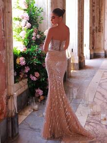 Glamrae 优雅奢华串珠亮片荷叶边蝴蝶结设计性感美人鱼拖尾长裙，适合婚礼、派对、舞会、正式场合（重度装饰） - 香檳色 - 查看 4