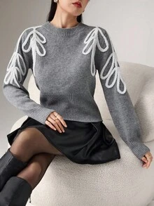 Heiryn Women's Crew Neck Long Sleeve Fashionable Versatile Sweater, Autumn/Winter - Grey - View 3