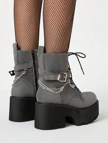 ROMWE Grunge Punk Giày bốt cao đến mắt cá chân đế dày phong cách Punk dành cho nữ, giày bốt chiến đấu đế xuồng trang trí bằng kim loại Gothic, thoải mái - Xám - Xem 4