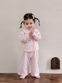 DAZY 2 件套幼儿女童格子舒适衬衫和宽松裤子睡衣套装 - 粉色 - 查看 5