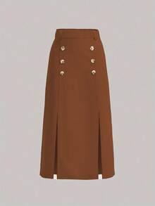 SHEIN Clasi Women Corduroy A-Line Buttoned Slit Elegant Skirt