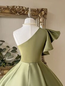 Lovelzi Elegant Luxury Asymmetrical Neck Cap Sleeve Ruched Satin Dress, Suitable For Weddings, Parties, Vacations, Bridal Gifts, Special Occasions, For Bride