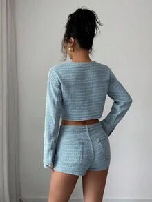 Siren Gaze Women's Light Blue Denim Suit Elegant Long-Sleeved Small Jacket + Mini Shorts French Exquisite Jacquard Denim Autumn And Winter Ins Wear - Medium Wash - View 2