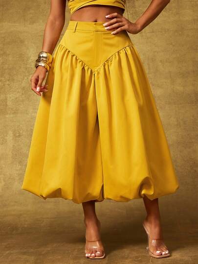 Vixey Düz Dokuma Düşük Bel Pileli Balon Paça Pantolon