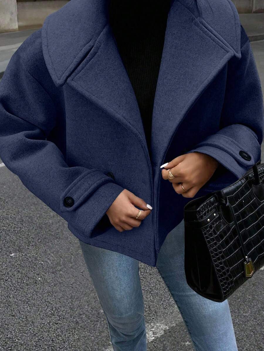 EMERY ROSE Manteaux pour femmes avec grand col et boutons décoratifs, manches longues - Bleu marine - Voir 1