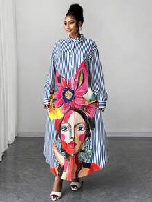 Maweii Plus Size Women's Casual Abstract Portrait & Striped Print Shirt Collar Side Slit Puff Sleeve Maxi Party Dress, Suitable For Back To School Season