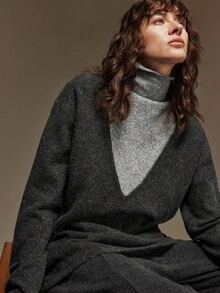 Ontre Vintage, locker geschichteter, weicher Wollmischungs-Pullover mit tiefem V-Ausschnitt 2 in 1, moderner urbaner Lässig-Fashion Business-Lässig-Stil für Büromode, zurückhaltender Old-Money-Stil, mühelos temperamentvoll, hochwertige urbane Pendler-Flughafen-Damenmode aus hochwertigem Material, Streetstyle, sophisticated, einfach und cool im Herbst/Winter - Dunkelgrau - Übersicht 6