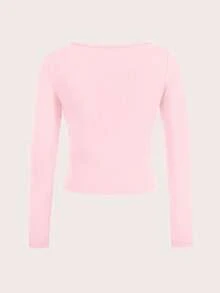 CovetEZ Light Pink Women's Casual Minimalist Crew Neck Raglan Sleeve Fitted Long Sleeve Base Layer T-Shirt, Suitable For Autumn/Winter - Baby Pink - View 3