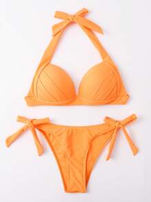 Oceva Summer Beach Halter Push Up Halter Bikini Set, Bathing Suit - Orange - View 4