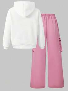 Sparklyn 2 件青少年字母印花连帽衫 + 美式绿色工装裤休闲街头运动装，秋冬 - 粉色 - 查看 4