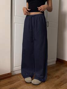 CovetEZ 女士休闲日常通勤简约百搭纯色海军蓝抽绳腰部宽松阔腿裤 - 藏蓝色 - 查看 6