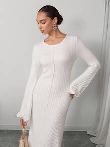 Modelyn Women's Elegant Solid Color Ruffle Flare Sleeve Knit Dress - White - View 7