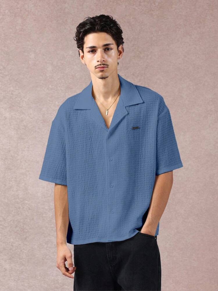 Textured Camp Collar Button Down Shirt With Short Sleeves