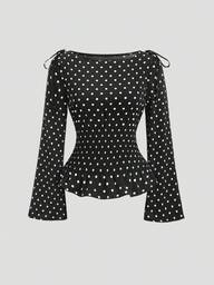 Sweetra Nouvelle blouse femme élégante à la mode française pour l'automne/hiver, avec des pois, un nœud papillon sur l'épaule, une taille affinante, décontractée et polyvalente avec des manches évasées