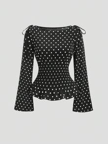Sweetra New Autumn/Winter French Elegant Fashion Polka Dot Shoulder Bowknot Waist Slimming Casual Commute Versatile Bell Sleeve Women Blouse - Black - View 1