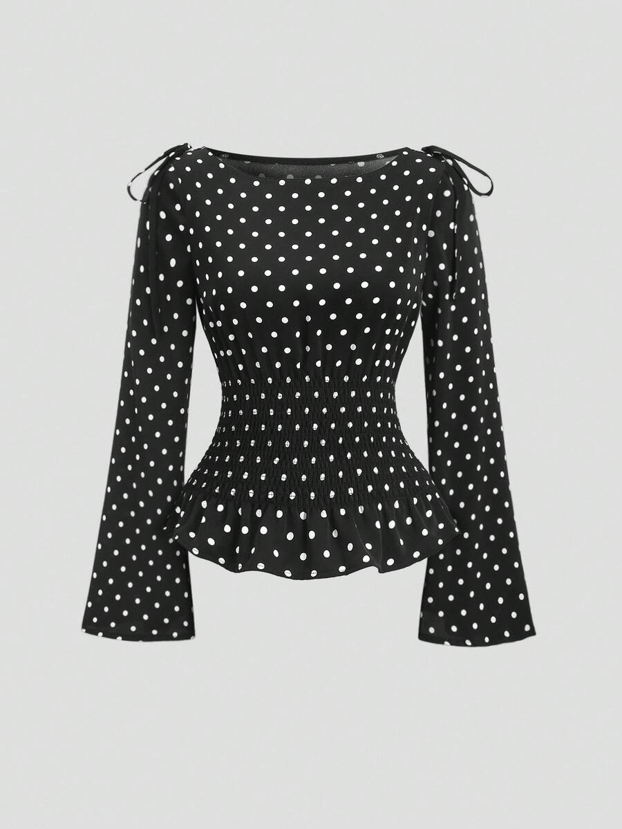 Sweetra New Autumn/Winter French Elegant Fashion Polka Dot Shoulder Bowknot Waist Slimming Casual Commute Versatile Bell Sleeve Women Blouse - Black - View 1
