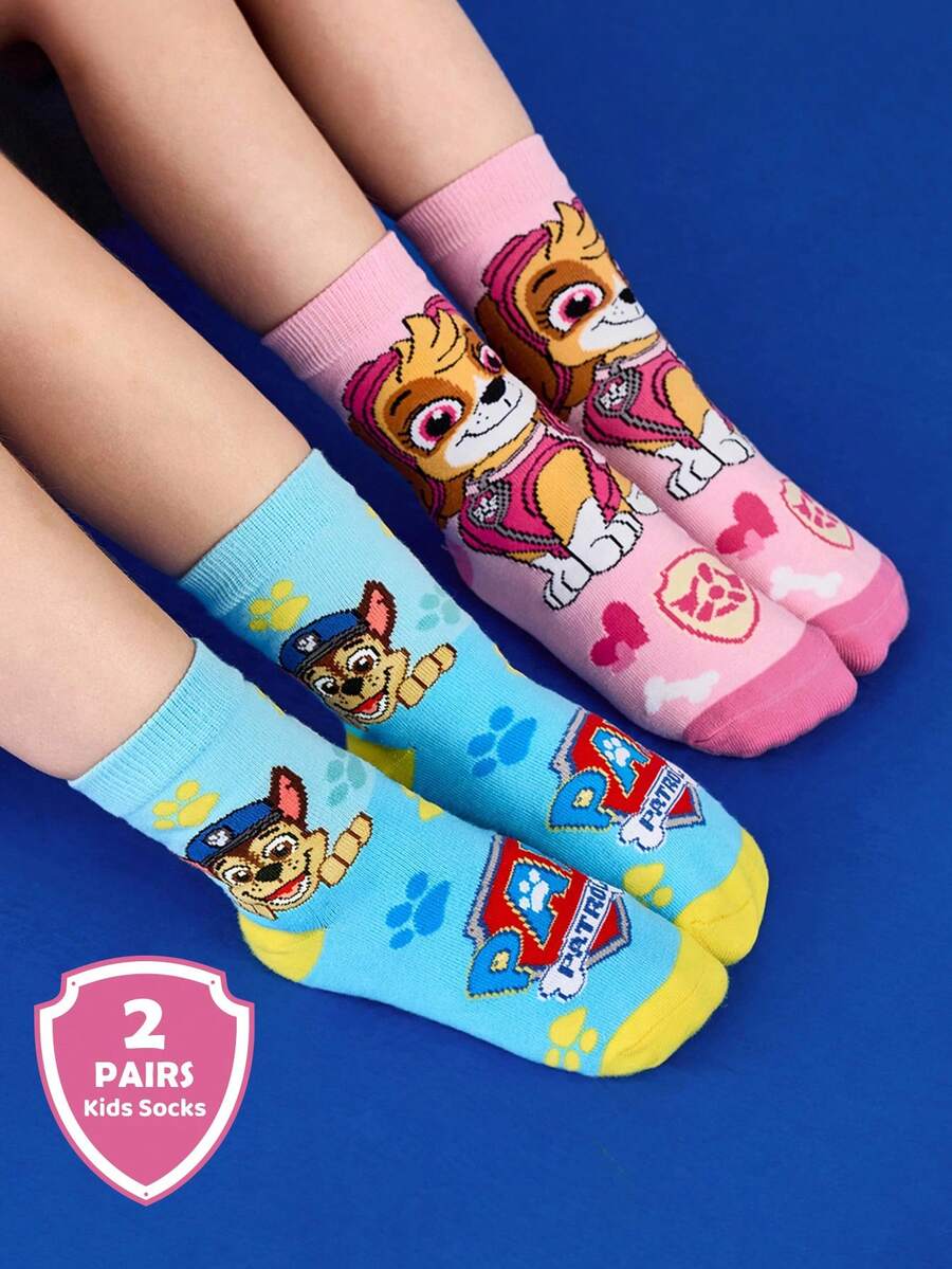 SHEIN | PAW Patrol 2 双棉质柔软透气吸湿排汗儿童男童中筒袜粉色蓝色可爱卡通中筒袜加固脚趾和脚跟，经久耐用男女通用，适合男孩和女孩，四季百搭，适合学校和户外，夏季冬季，狗狗，Skye，Chase - 彩色 - 查看 1