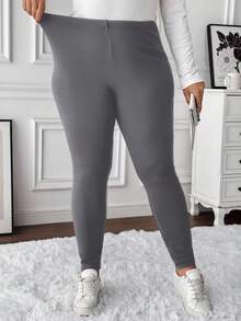 SHEIN LUNE Quần legging giữ nhiệt lót nỉ màu trơn cỡ lớn cho nữ Quần legging ôm vừa vặn Quần legging giữ ấm Quần legging cho nữ Quần legging ấm áp Quần legging lót nỉ Quần legging giữ nhiệt/Quần legging ôm mùa đông - Màu xám đen - Xem 4