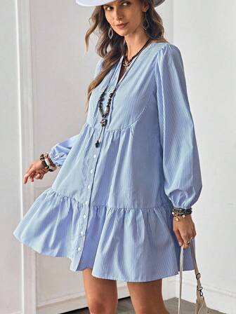  Vestido de manga larga con cuello de corbata, volantes en el bajo y rayas verticales para mujer, atuendo casual occidental, adecuado para otoño y vacaciones, "LanaWest"