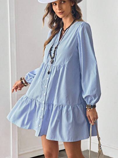  女式竖条纹系带长袖荷叶边下摆连衣裙，西式休闲装，适合秋季假期，“LanaWest”