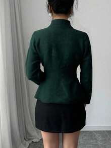 Selianne Elegant Bell Sleeve Cinched Waist Green & Gold Decorative Button Sweater, Autumn/Winter Fall Cloth For Women - Green - View 2
