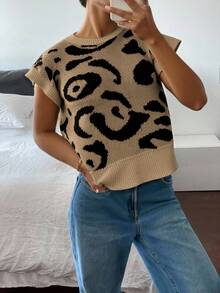 SHEIN Frenchy 秋冬大码女式豹纹针织上衣、短袖毛衣 - 灰色 - 查看 5