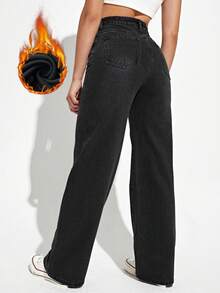 SHEIN EZwear Quần jean ống đứng lót nhiệt màu trơn đơn giản, thoải mái khi đi làm hàng ngày dành cho nữ, Thu/Đông - màu đen - Xem 2