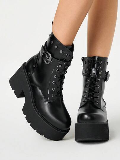 Grunge Punk Women's Retro Punk Style Thick Heel Short Boots, Gothic Metal Rivet Strap Decor Sexy Nightclub Party Wedge Ankle Boots, Comfortable Motorcycle Boots