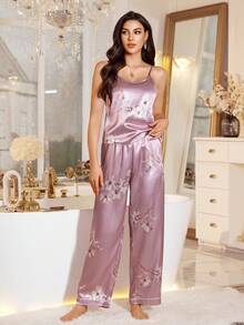 女士花卉印花吊带背心和裤子睡衣套装 - 卡其色 - 查看 6