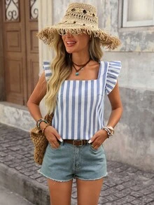Brillora Striped Ruffle Trim Blouse - Blue and White - View 1