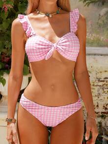 Swim Mod 2pcs Springbreak Women Beachwear Summer Outfits, New Gingham Pattern Pink Ruffled Strap Chest Tie Cute Bikini Set - Pink - View 6
