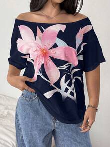 POPSWAY Áo thun tay ngắn in họa tiết hình học rộng rãi, gợi cảm, thoải mái, cỡ lớn dành cho nữ - Nhiều màu - Xem 7