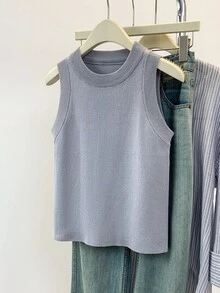 SHEIN Áo len cổ tròn không tay đơn sắc, thoải mái, đa năng dành cho nữ - Xám - Xem 3