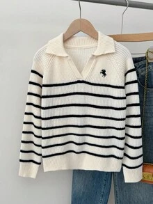 SHEIN Tween Girl Black And White Striped Autumn Knitted Polo Collar Sweater,Casual Back-To-School Ribbed Pullover,Everyday Wear Holiday Collegiate Fashion - Black and White - View 4