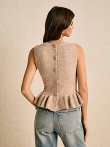 Poéselle 女士纯色圆领荷叶边下摆时尚针织背心，秋季 - 卡其色 - 查看 7