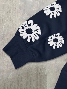 Manfinity EMRG Plus Size Men's Casual Letter Graphic Zip-Up Hoodie Sweatshirt, Autumn - Navy Blue - View 3